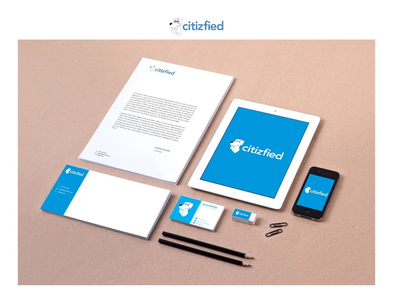 Citizfied logo and visual identity applied across stationery, tablet and mobile screens