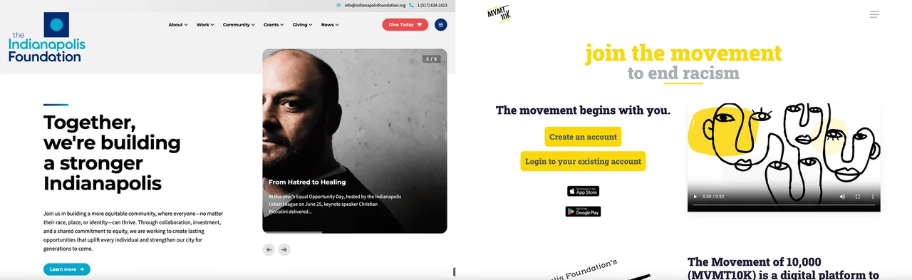 The Indianapolis Foundation and earlier MVMT10K website references shown side by side
