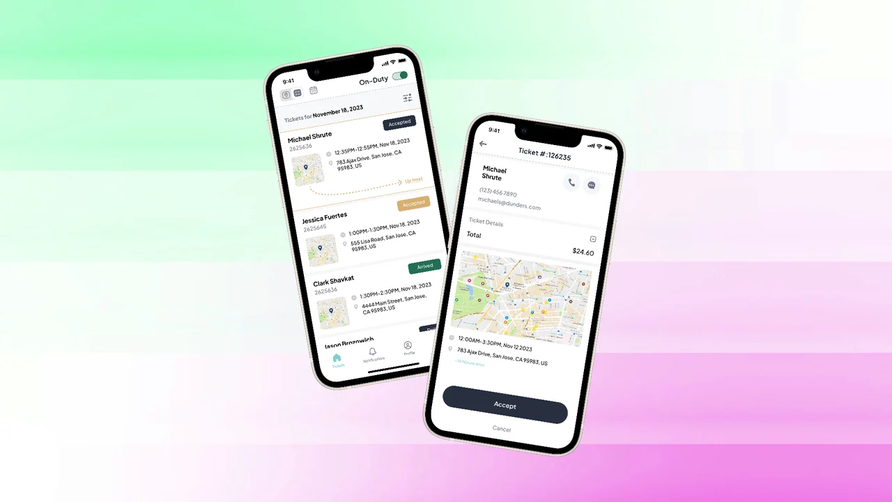 Two phones showing the Happy Logistics driver app: a ticket list with an On-Duty toggle, and a ticket with a map and an Accept button