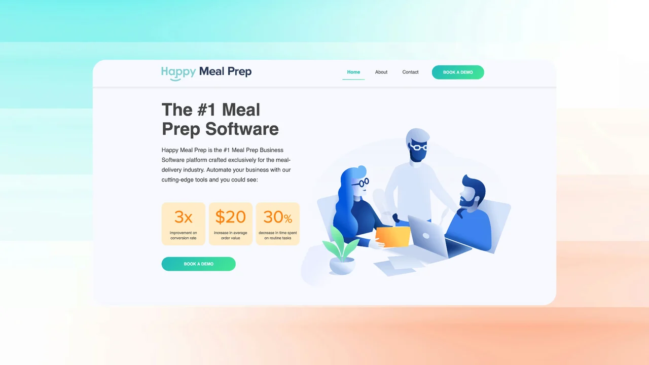Happy Meal Prep website: The #1 Meal Prep Software, with 3x, $20 and 30% result cards and an illustration of three people around a laptop