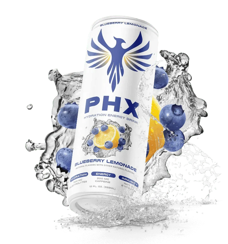 PHX Blueberry Lemonade can with fruit and a splash of water