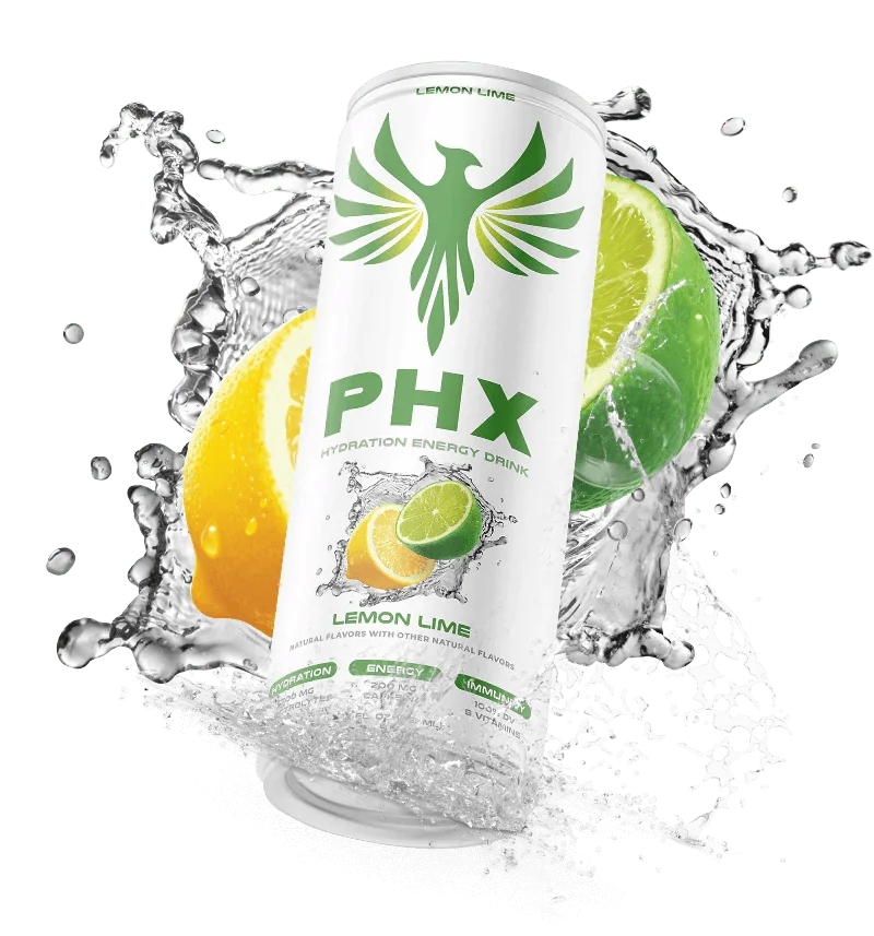 PHX Lemon Lime can with fruit and a splash of water