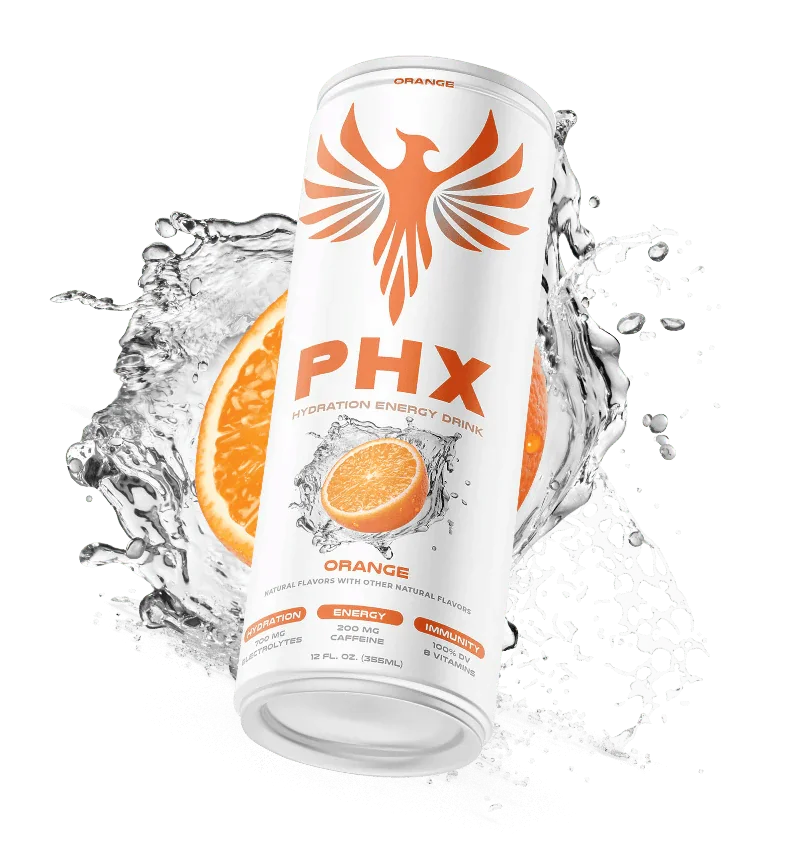 PHX Orange can with fruit and a splash of water