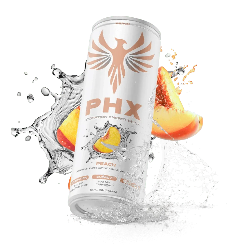 PHX Peach can with fruit and a splash of water
