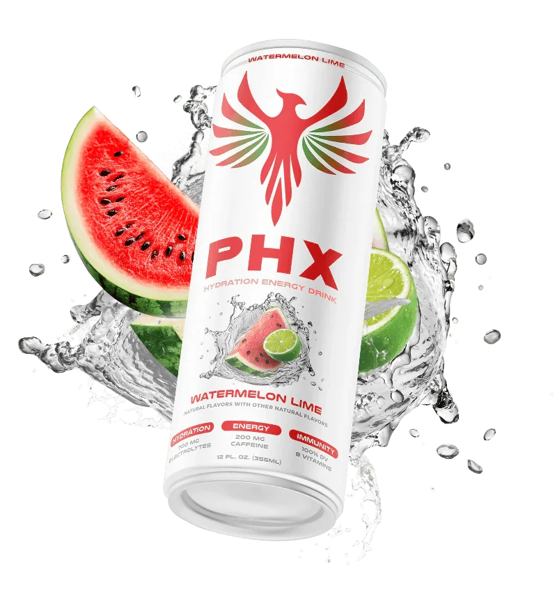 PHX Watermelon Lime can with fruit and a splash of water