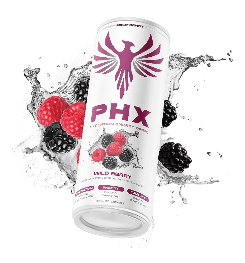 PHX Wild Berry can with fruit and a splash of water