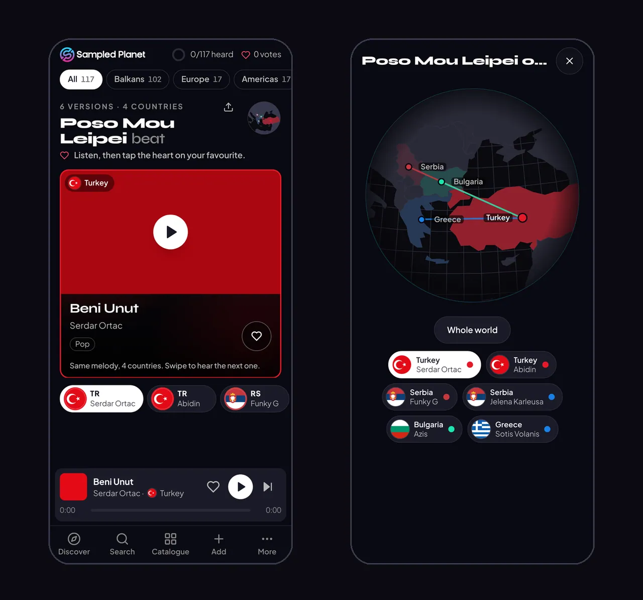 Sampled Planet on a phone: a beat with its mini player above the tab bar, and the map sheet listing every version by country