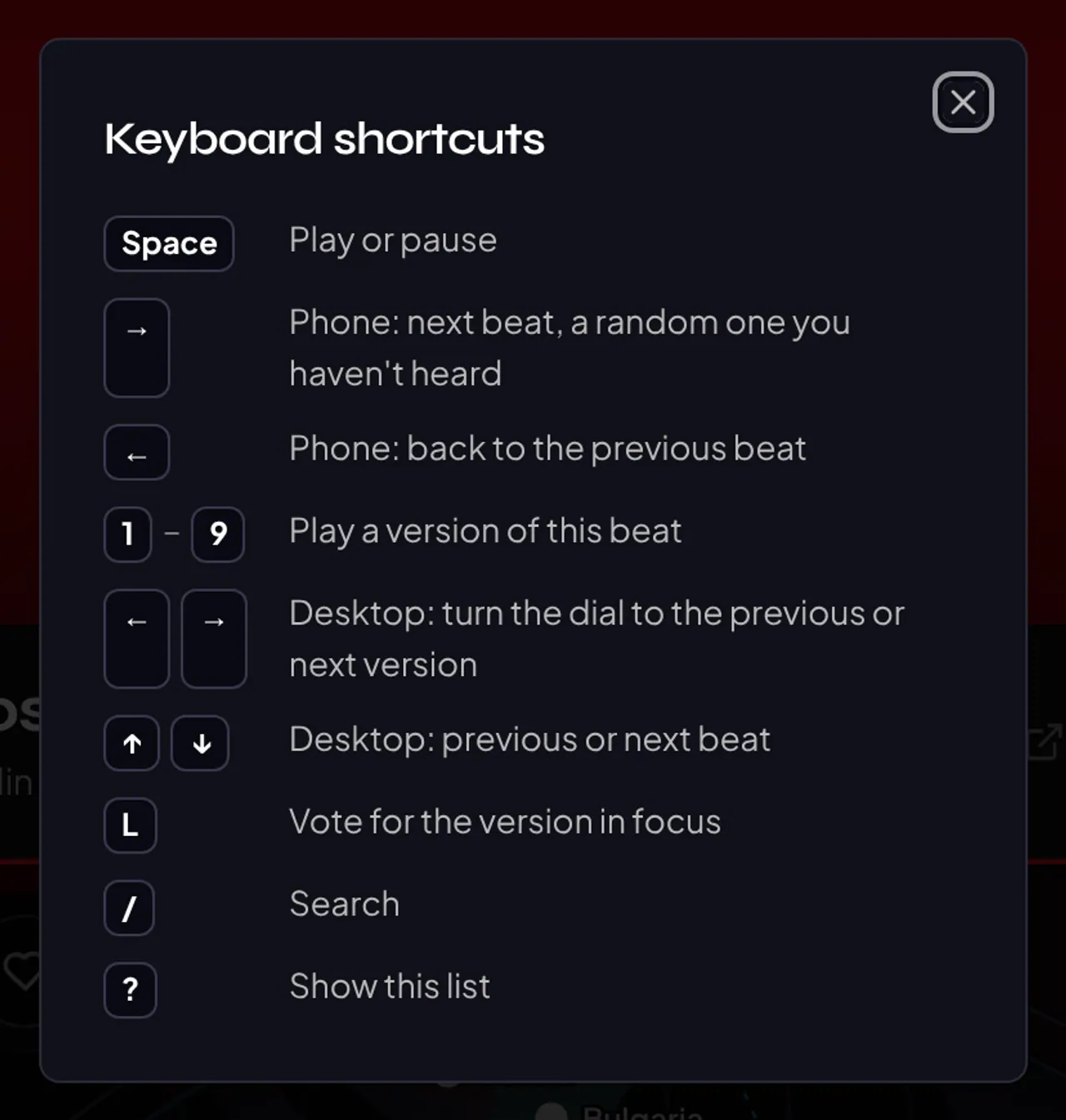 The Sampled Planet keyboard shortcuts list: Space, arrows, 1 to 9, L, slash and question mark, each with what it does