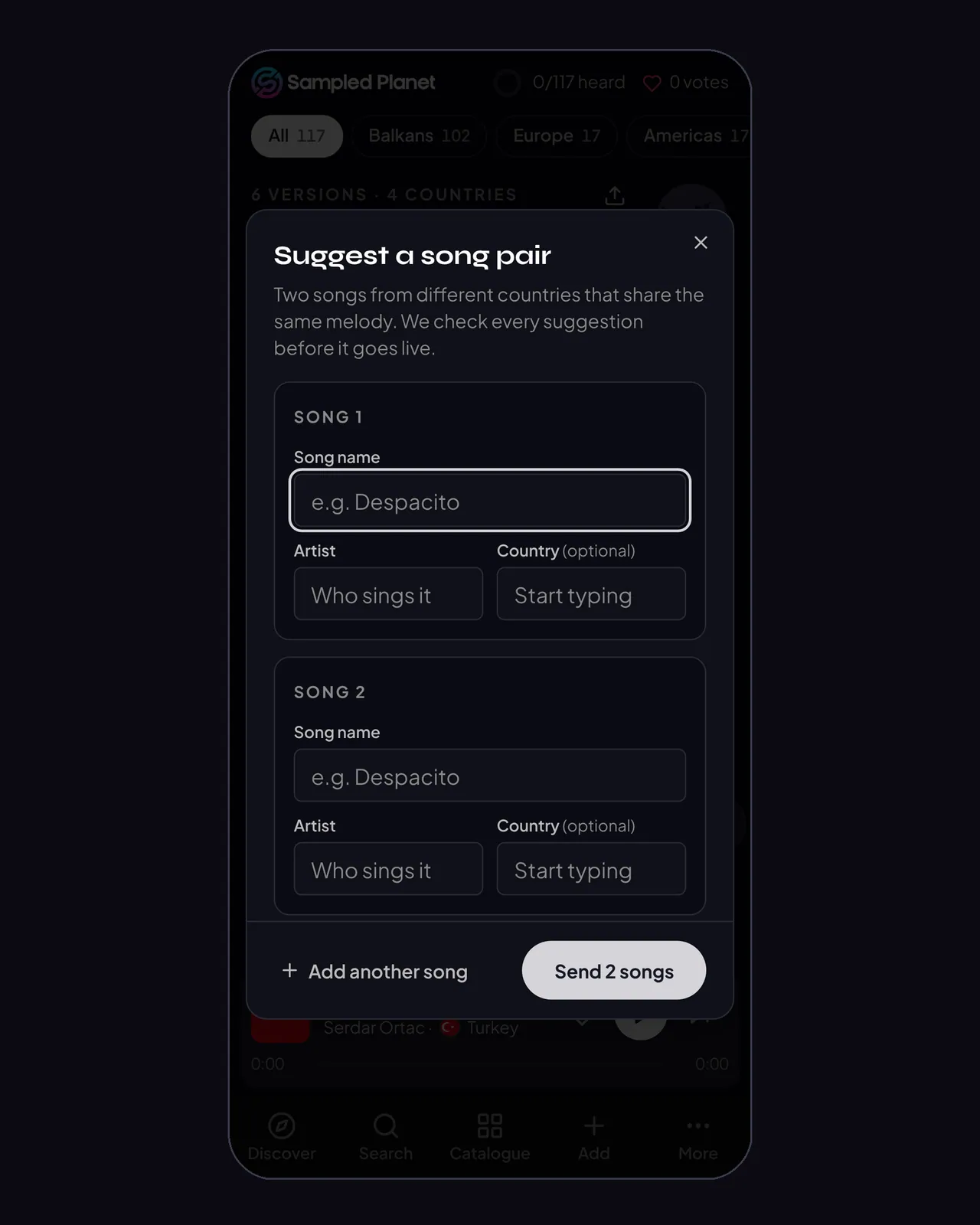 The Suggest a song pair form on a phone: song name, artist and an optional country for each of two songs
