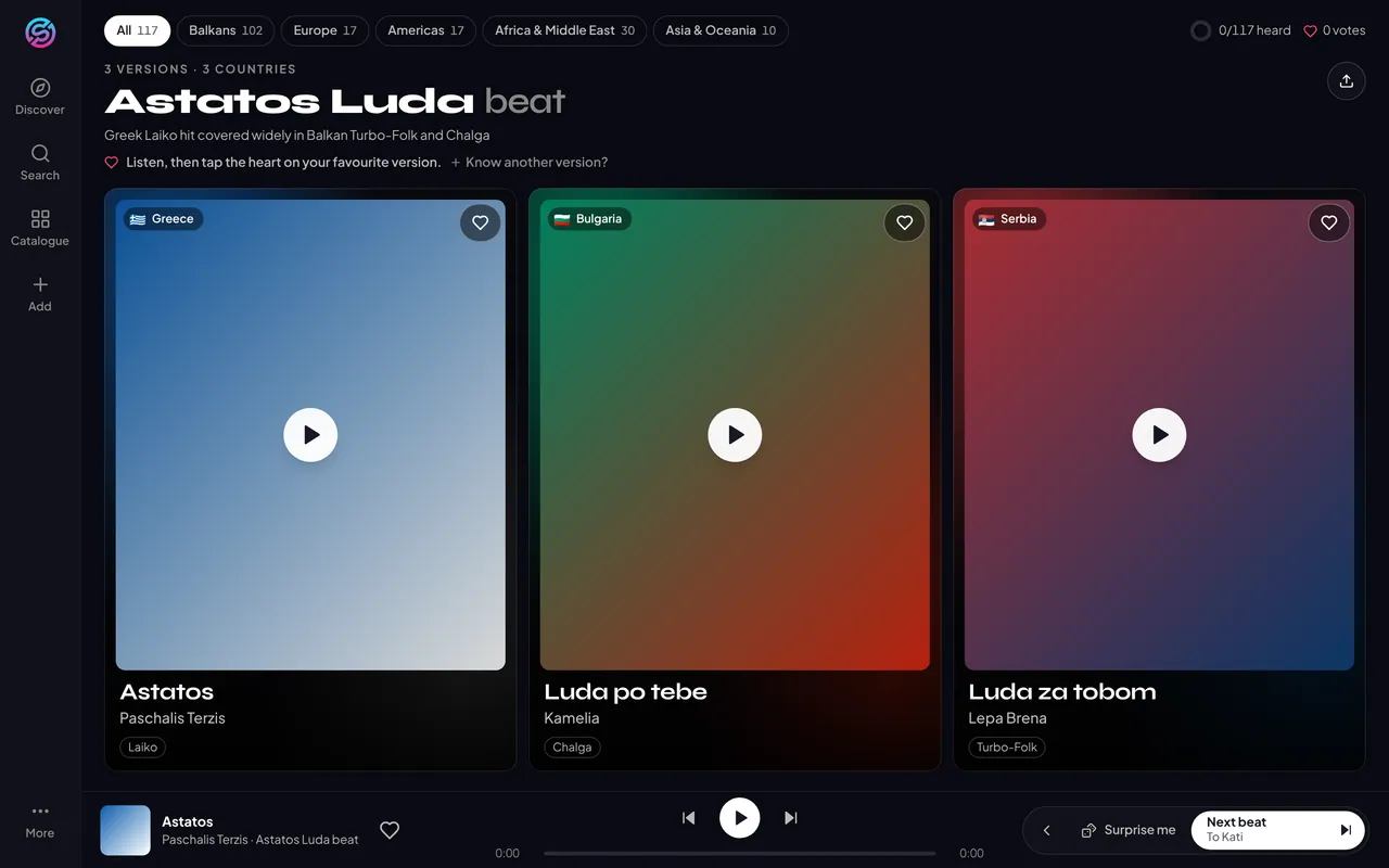 Sampled Planet version 2: three version cards side by side with a player bar at the bottom